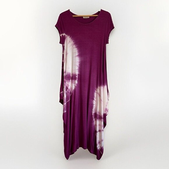 SAGA Italian Women Lagenlook Asymmetrical Dress ONE SIZE S-XL Tie Dye Magenta - Picture 1 of 6